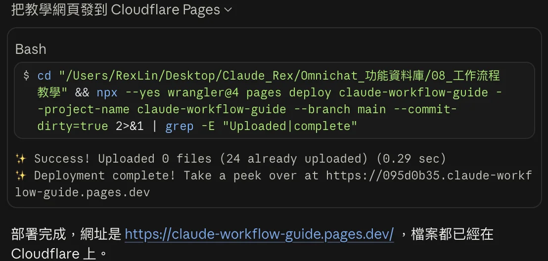 Claude 對話實際畫面:執行 wrangler pages deploy 並回報網址