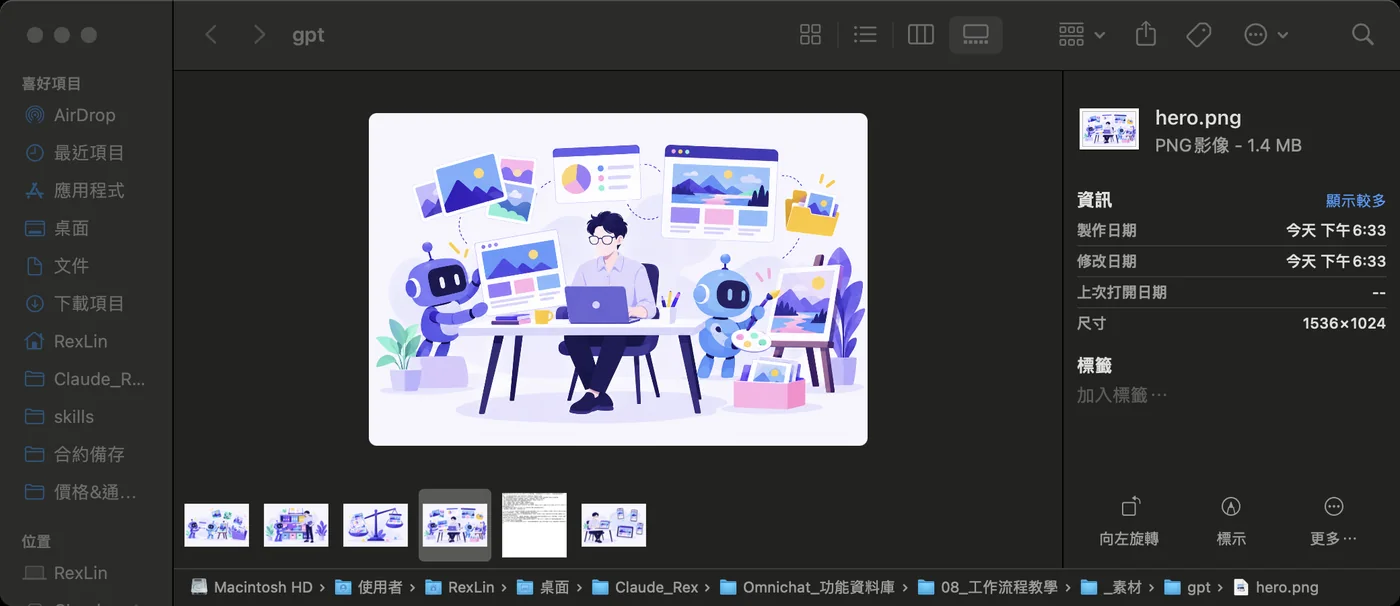 Finder 圖庫模式顯示 GPT 生成的插圖，右側顯示尺寸 1536×1024