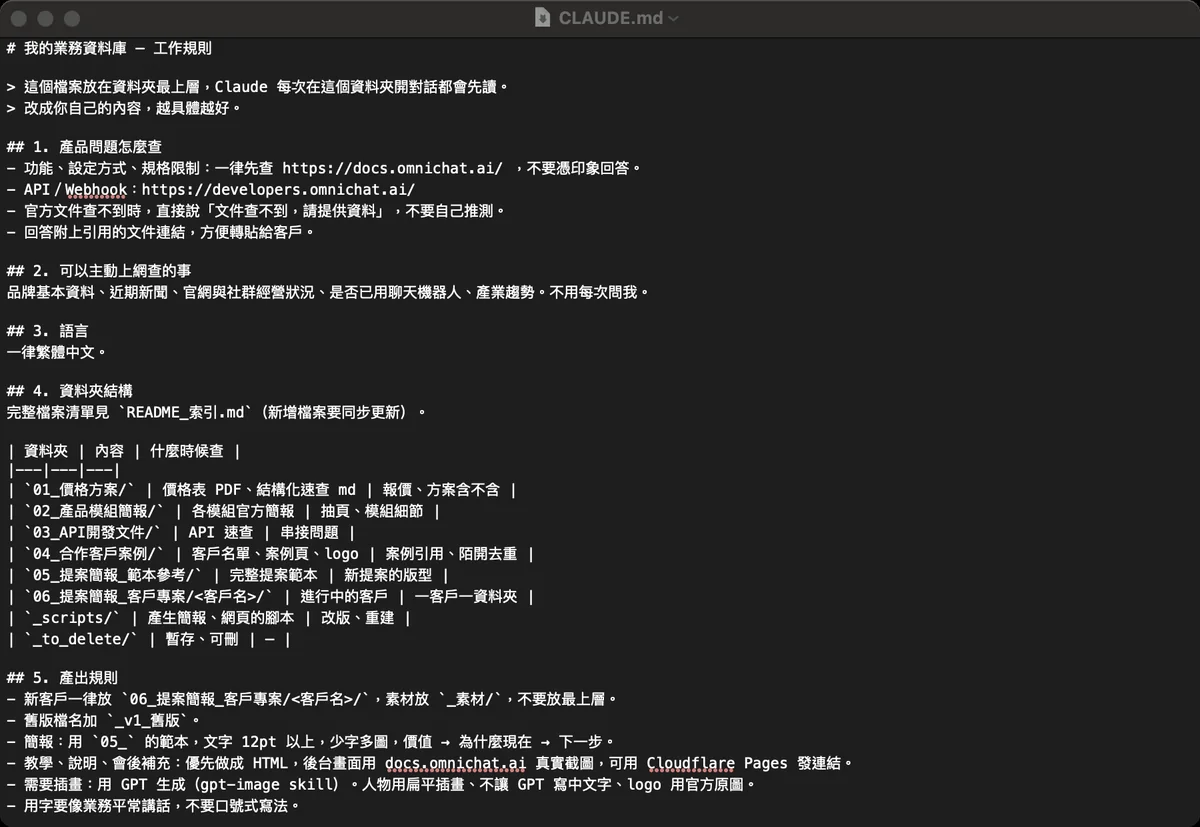 用文字編輯打開 CLAUDE.md，內容包含查找順序、語言、資料夾結構表與產出規則